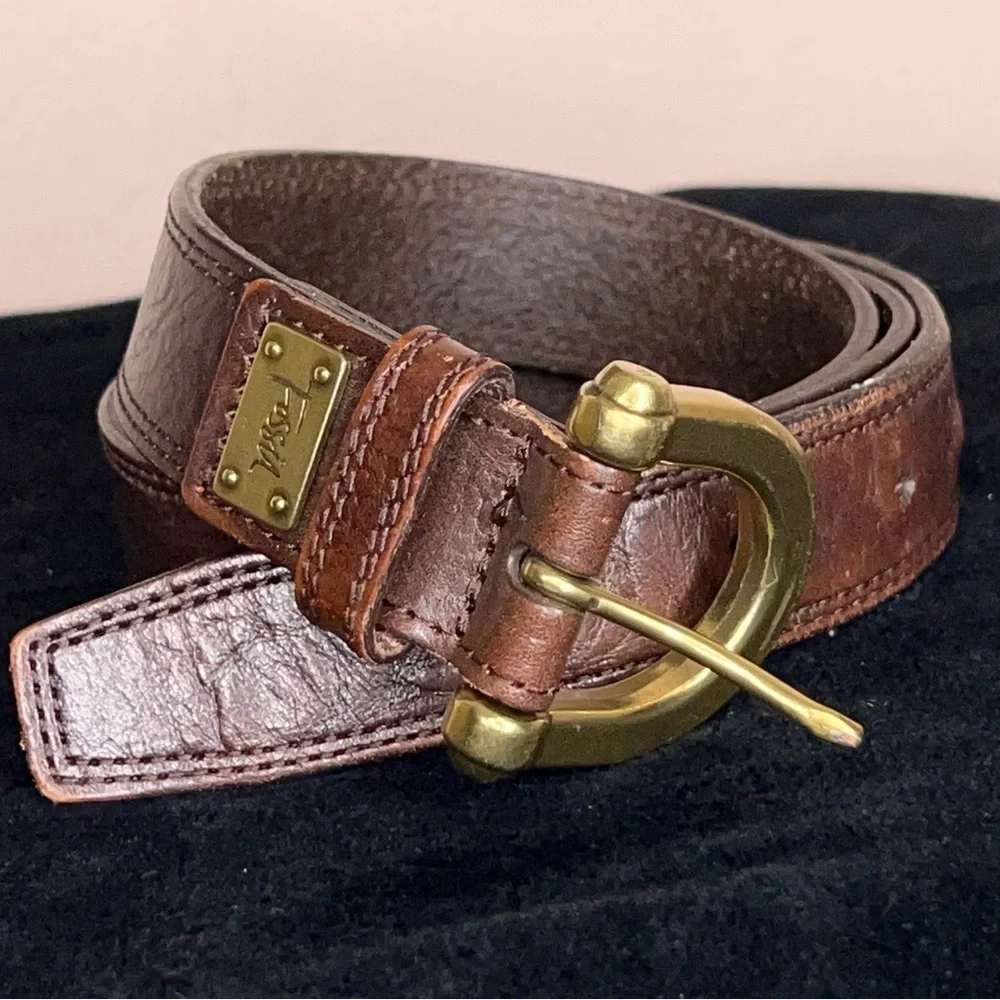 Y2K Vintage Fossil Medium Mens Brown Leather Belt Brass Buckle Classic